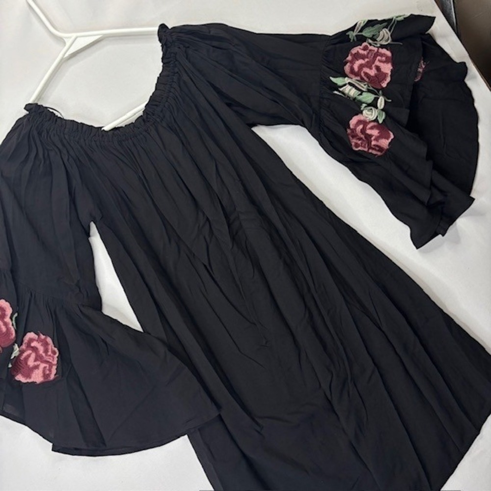 Blue Rain Women's Black Boho Peasant Dress XS Off Shoulder Bell Sleeve Embroided - Picture 10 of 11